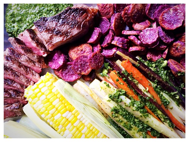 Grilled Steak, Roasted Carrots, Purple Sweet Potatoes, Corn and Green Sauce