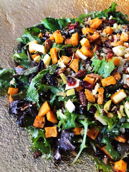 Autumnal Mixed Green Salad with Roasted Vegetables, Fruit and Nuts