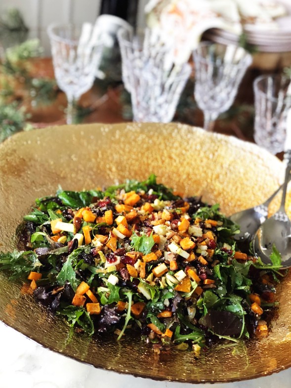 Roasted Sweet Potato Salad with Greens, Roasted Fruit and Nuts