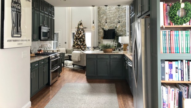 Pewter Green Kitchen and Book Shelves