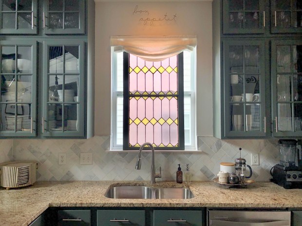 Pewter Green Kitchen Cabinets and Stained Glass